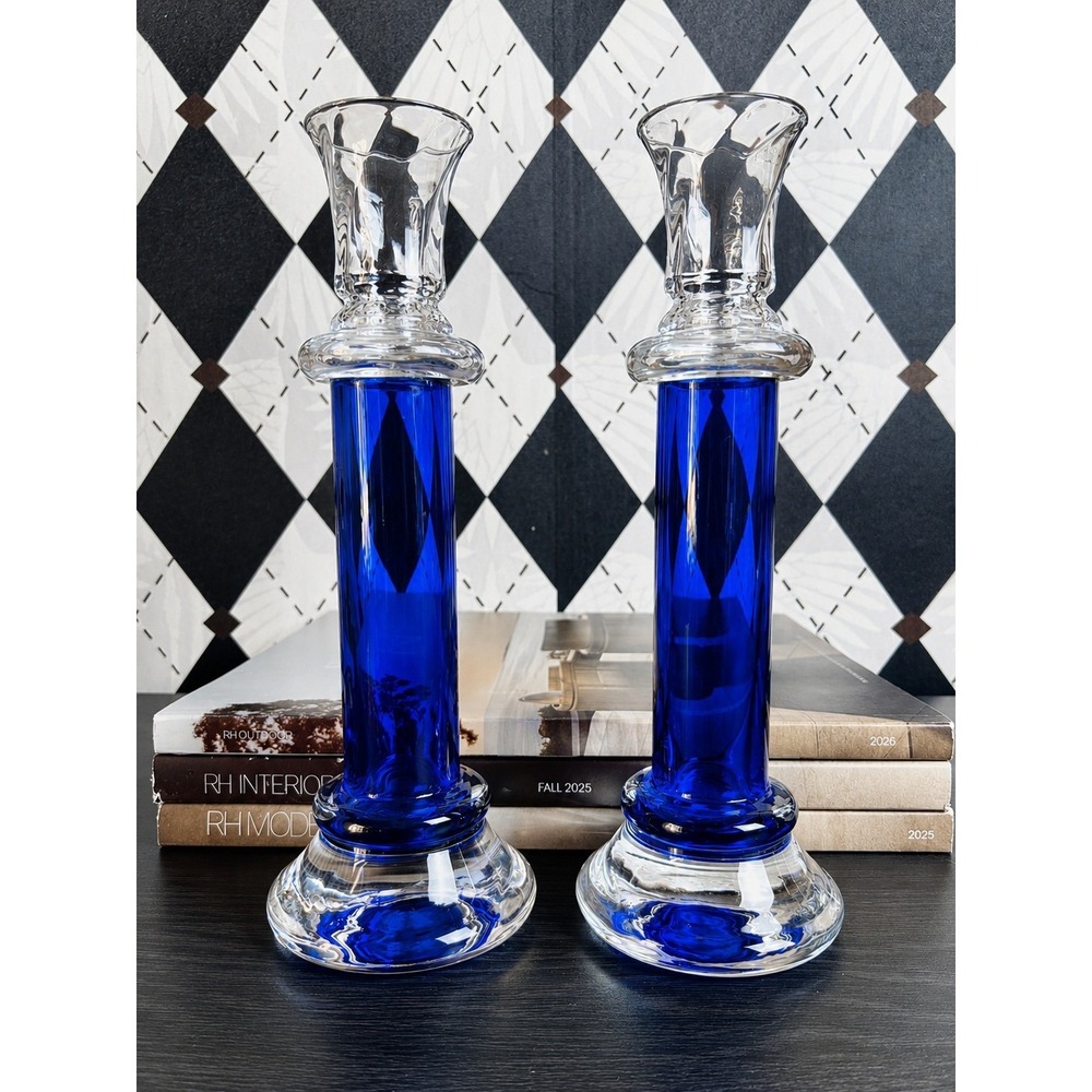 Swedish Art Glass SEA Glasbruk Cobalt Blue Candlestick Pair